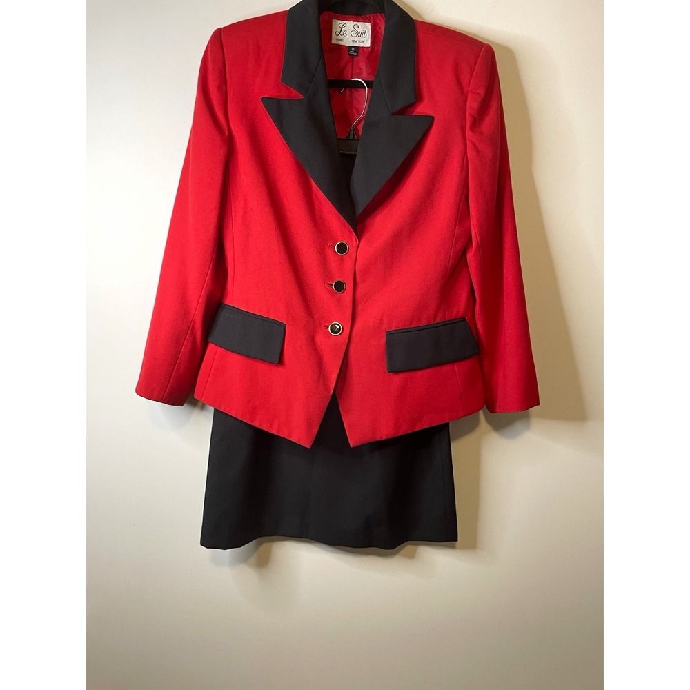 Le Suit Skirt Suit Womens 14 Red Black Vintage 2 Piece Blazer Career Lined